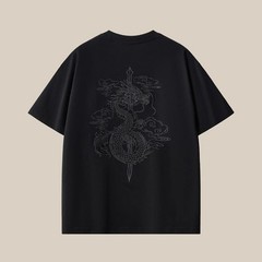 Men’s Dragon Sword Embroidered Cotton Short Sleeve T-Shirt Loose Casual Tee