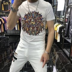 New Fashion Lion Trend Rhinestones Short Sleeve Summer Luxury Men T-Shirt