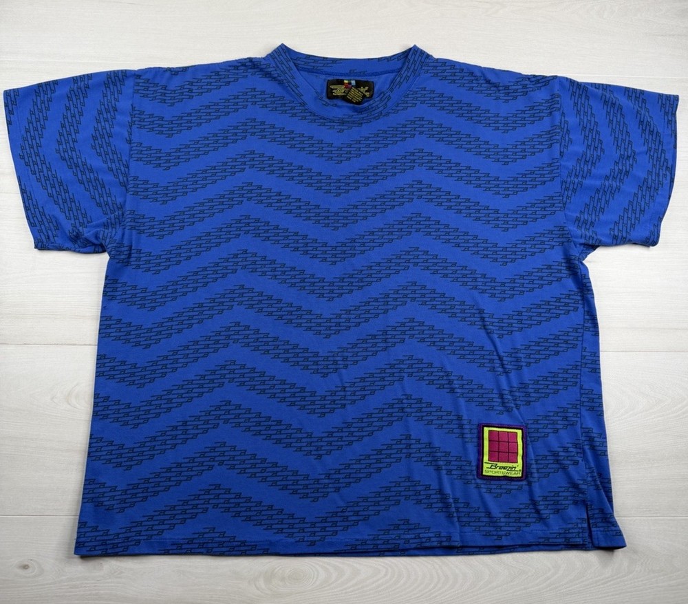Vtg Breezin Sportswear T-Shirt Blue Single Stitch Geometric Boxy 80s 90s Large