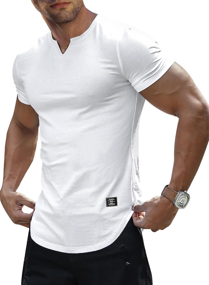 JMIERR Mens Muscle Slim T Shirts Texture V Neck Longline Henley Gym Workout Athl