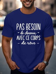 1pc Men’S Casual French Quote T-Shirt Summer Top Geometric Pattern Round Neck ♮