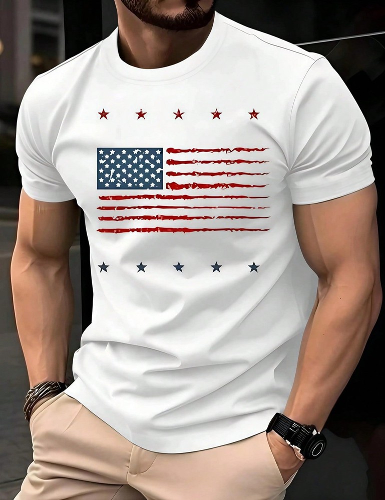 Man S’ American Flag Stars Stripes Print White TShirt, Crew Neck Tee