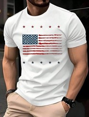 Man S’ American Flag Stars Stripes Print White TShirt, Crew Neck Tee