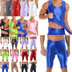 Mens Oily Glossy Tank Top High Waist Shorts Sets Shiny Sports Tights Swimwear