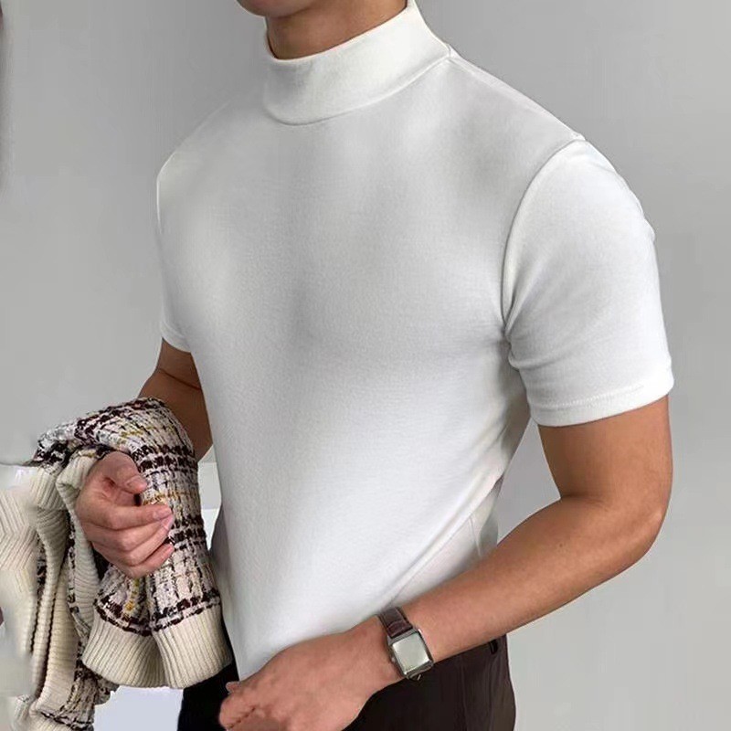 Men’s Summer Tight Fashion High Collar Solid Color Short Sleeve T-shirt Top