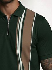 Men’s Fashion Business Vertical Striped Contrast Color Zip-Up Polo Shirt