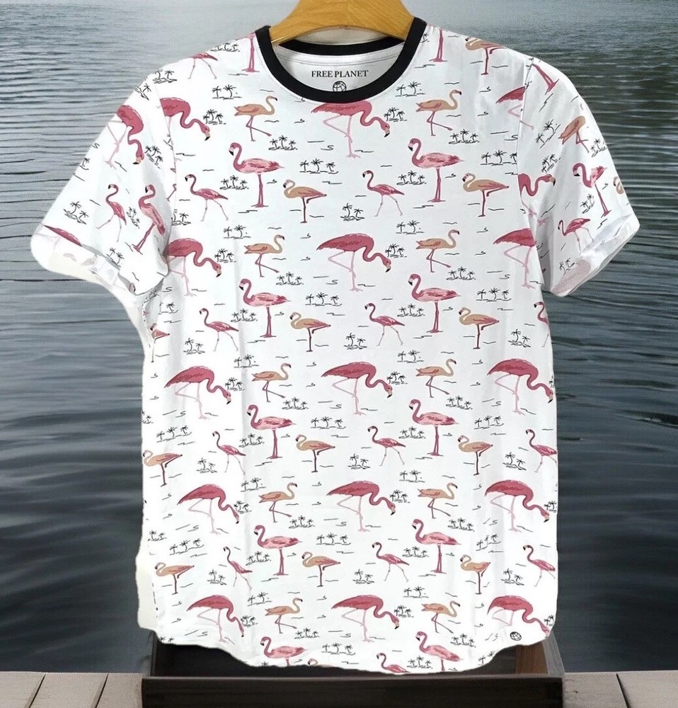 Men’s T-Shirt Free Planet Small Fun Flamingo Prints White Short Sleeve Stretch