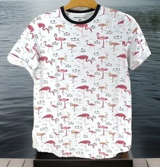 Men’s T-Shirt Free Planet Small Fun Flamingo Prints White Short Sleeve Stretch