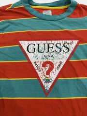 Guess USA Triangle Logo Stripe T-Shirt Red Teal Yellow Retro 90s Style Men’s M