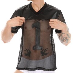 Men’s Transparent Fishnet Stripe Tee Tops Short Sleeve Black Mesh Sheer T-shirt