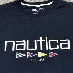 Nautica Shirt Mens Medium Navy Big Logo Flags Graphic Tee Tagless Nautical