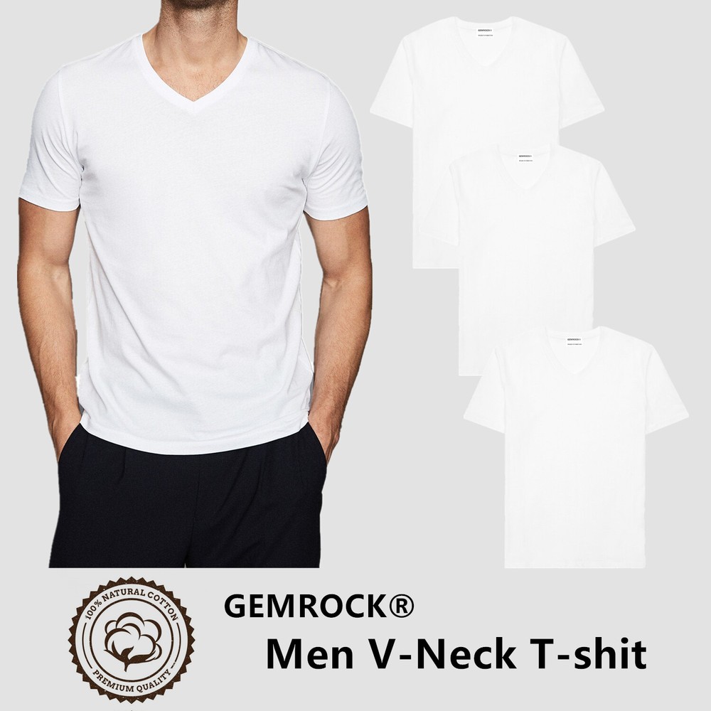 Men 100% Cotton V Neck T Shirt Solid White Short Sleeve Casual Tee S-4XL lot