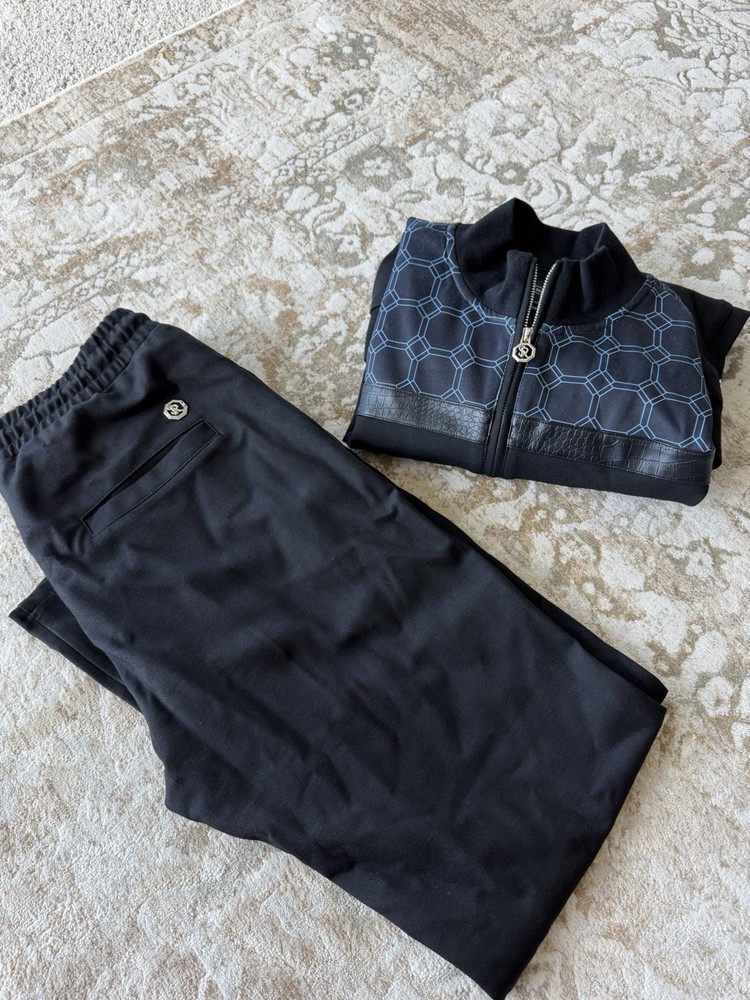 Stefano Ricci Men’s Black and Blue Tracksuit Set Full Zip Jacket & Pants XL