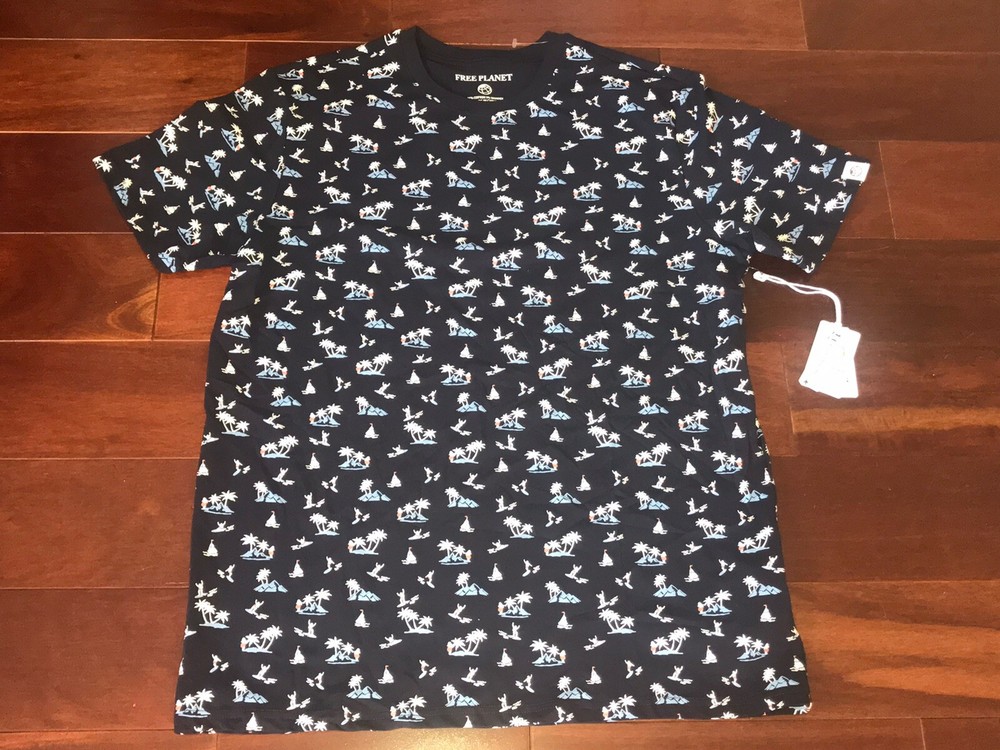 FREE PLANET T SHIRT SURFING PALM TREES HULA NEW NWT BLUE STRETCH L SHORT SLEEVE