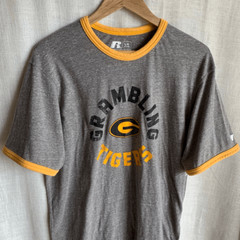 Russell Athletic Grambling Tigers Mens Graphic Ringer T Shirt Size L Gray Yellow
