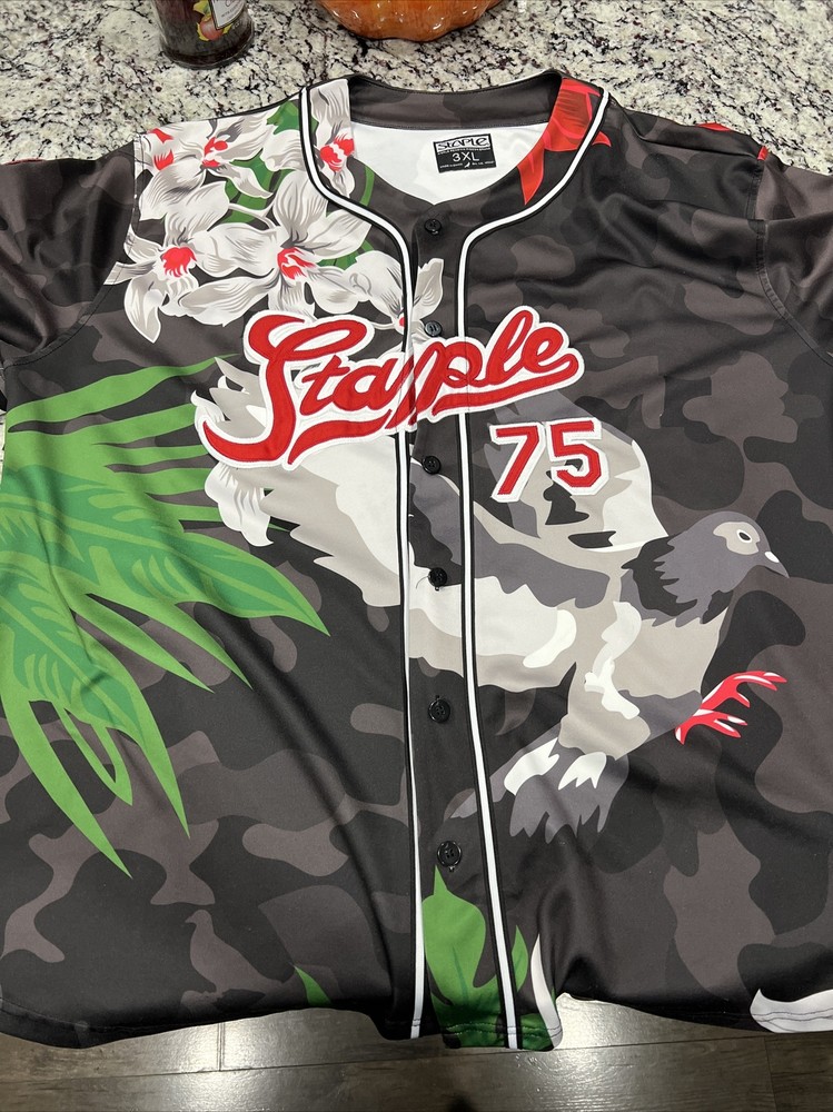 Staple World Renown Pigeon Brand Black Camo Floral Bird Baseball Jersey Mens 3XL