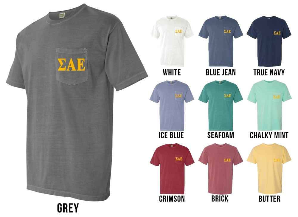 Sigma Alpha Epsilon Fraternity Letters COMFORT COLORS POCKET Shirt SAE – NEW