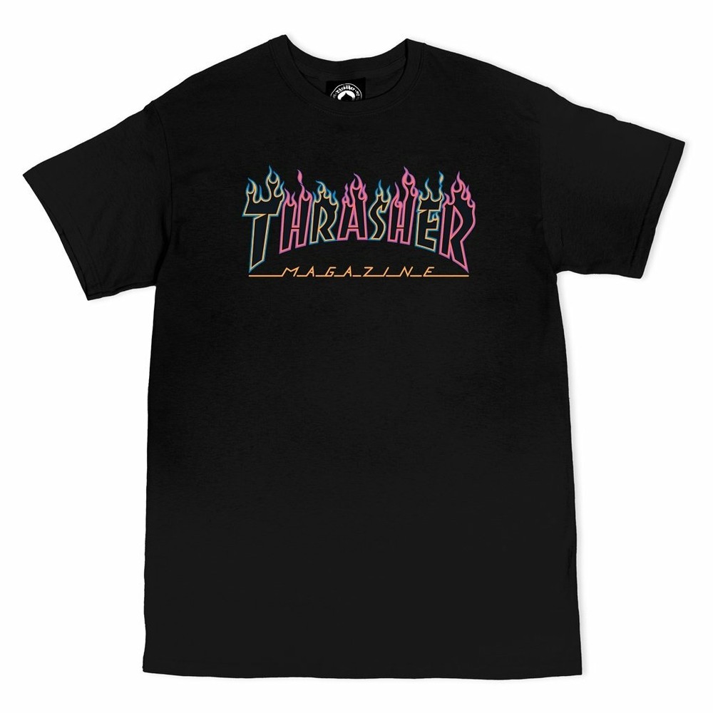Thrasher Magazine DOUBLE FLAMES NEON LOGO Skateboard T Shirt BLACK
