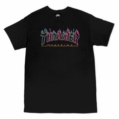 Thrasher Magazine DOUBLE FLAMES NEON LOGO Skateboard T Shirt BLACK