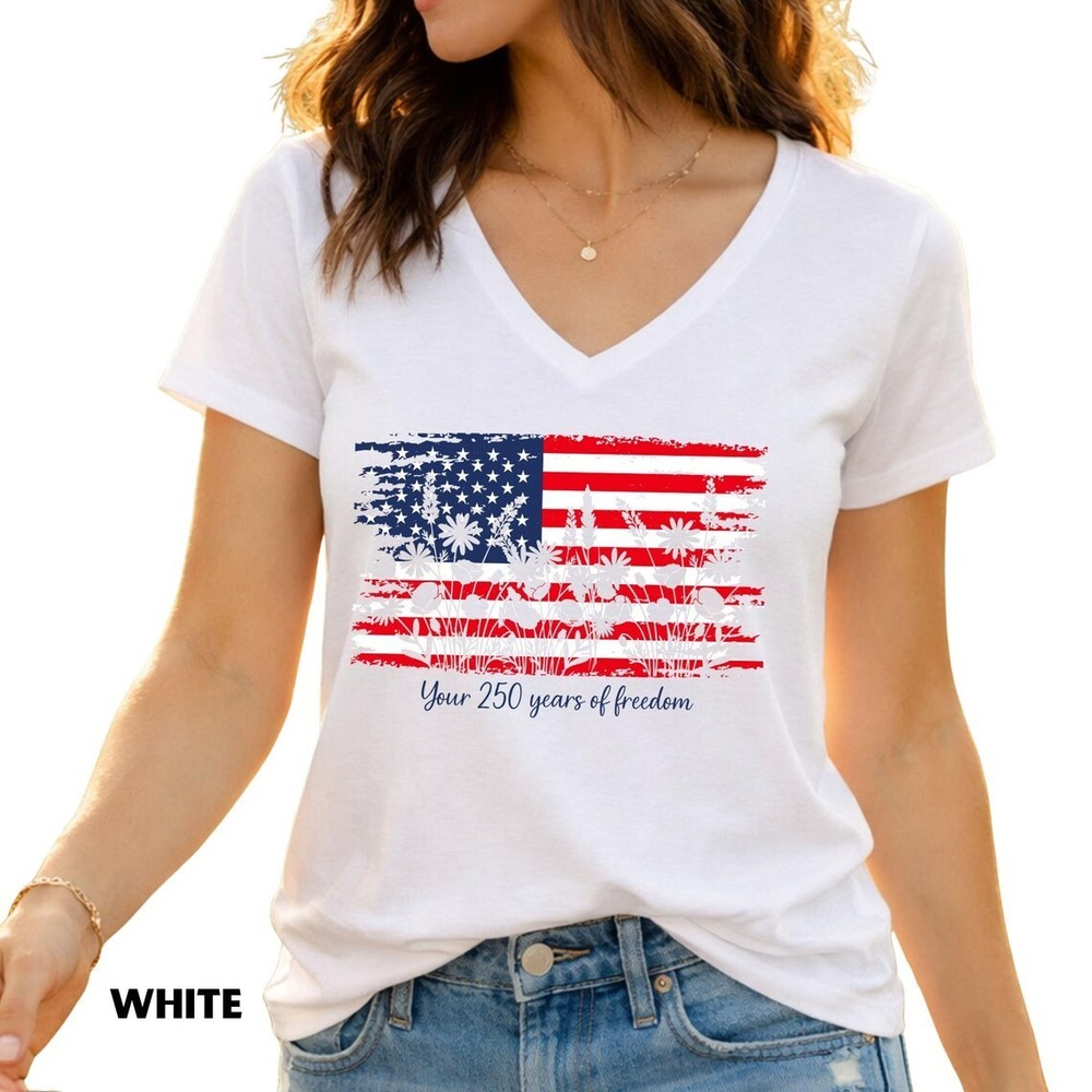 Womens Patriotic V Neck Shirt, Bella Canvas 250 Years of Freedom Floral Tee, Fou