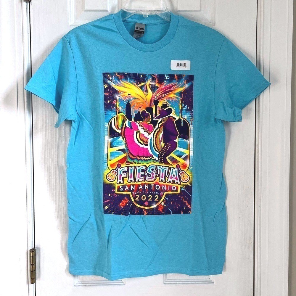 Gildan Fiesta San Antonio 2022 Graphic T Shirt Mens Small Blue Heavy Cotton Tee