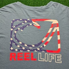 Reel Life Tshirt Mens 2XL Blue Short Sleeve Fishing Hook USA Flag Casual Outdoor