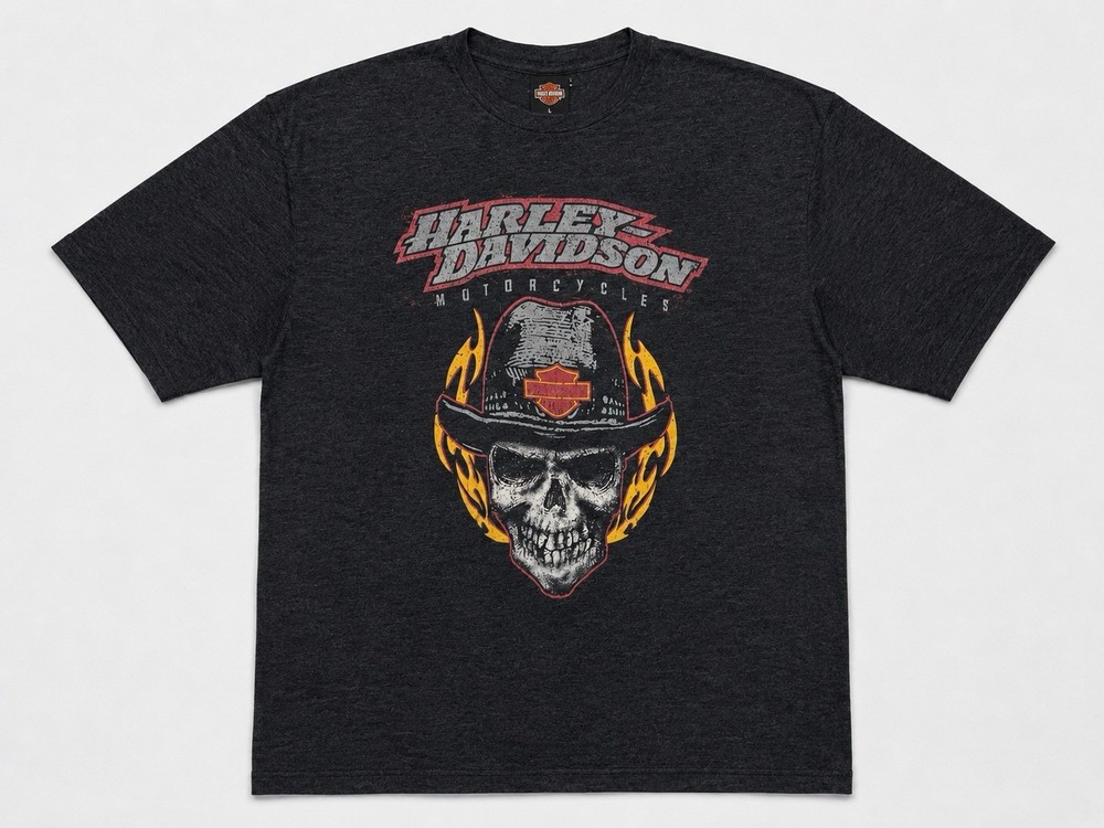 Harley Davidson T-Shirt Cowboy Skull Flames Men’s Large Biker Illinois