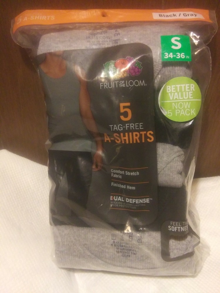 Fruit of the Loom Tag Free A-Shirts – Dual Defense – S 34-6 – 3 Grey 2 Black NIP