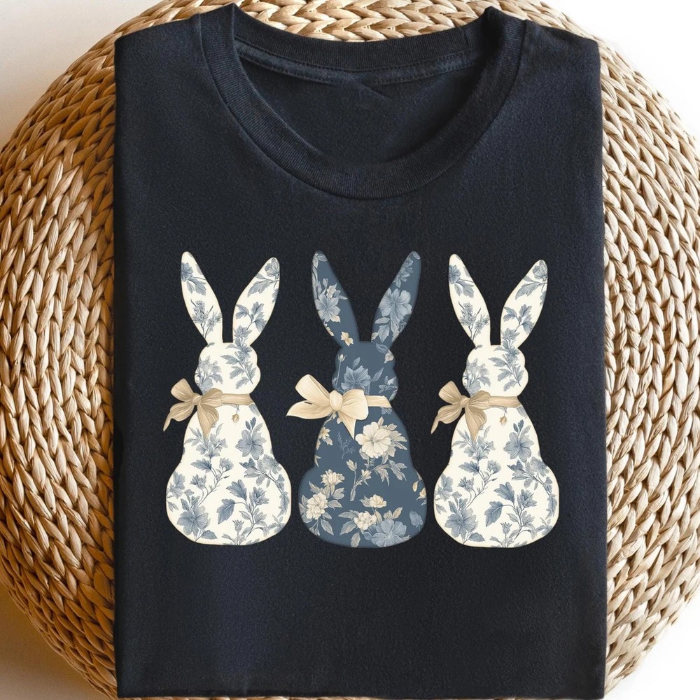 Floral Blue Bunny T-shirt, Cute Easter Coquette Bow Shirt, Trendy Bunny