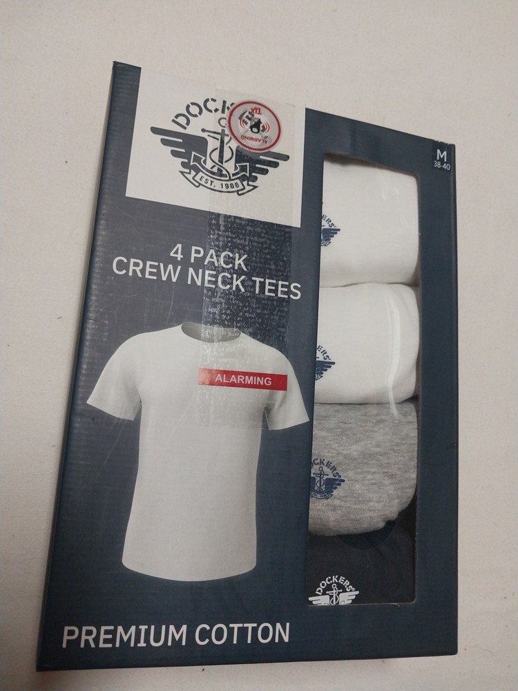 Dockers Mens M 38-40 White Gray Black Premium Cotton Crew Neck T-Shirts 4 Pk