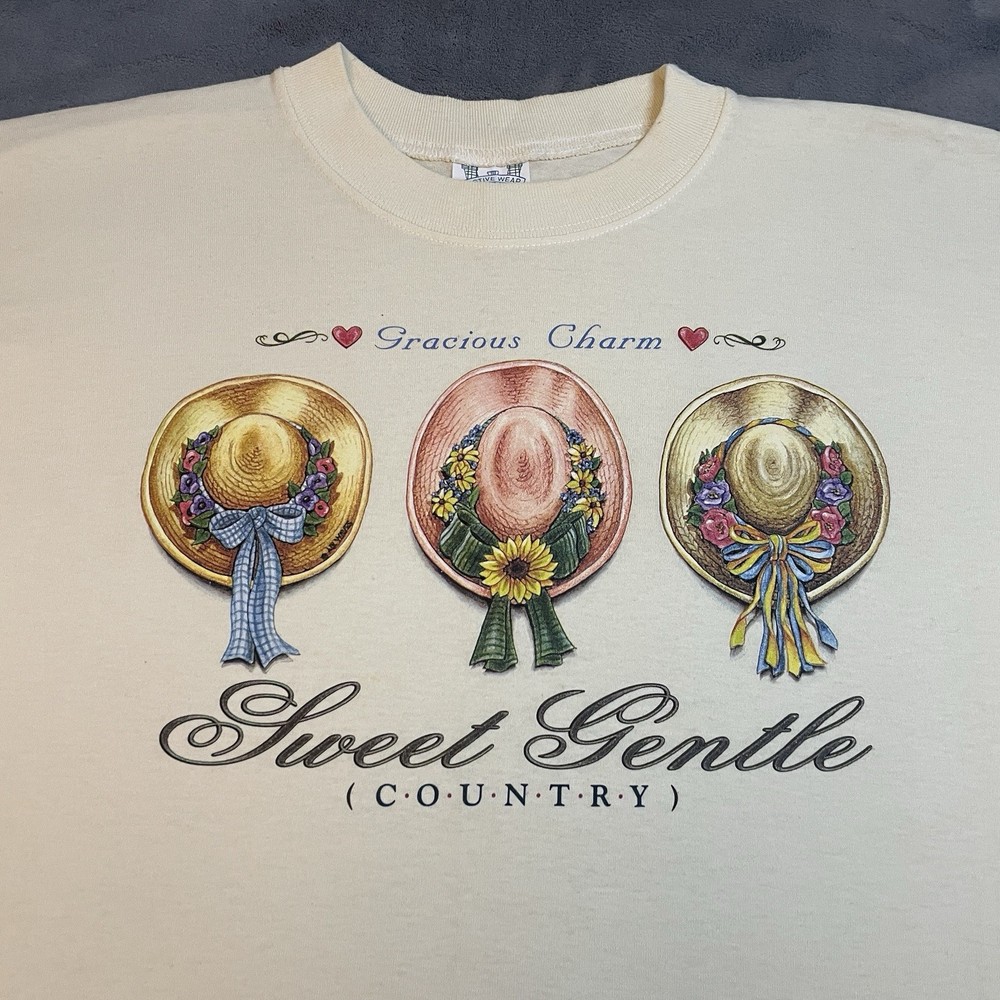 Vintage 90s T-Shirt Mens XL Country Style Flowers Ribbons Hats Art Cute USA Made