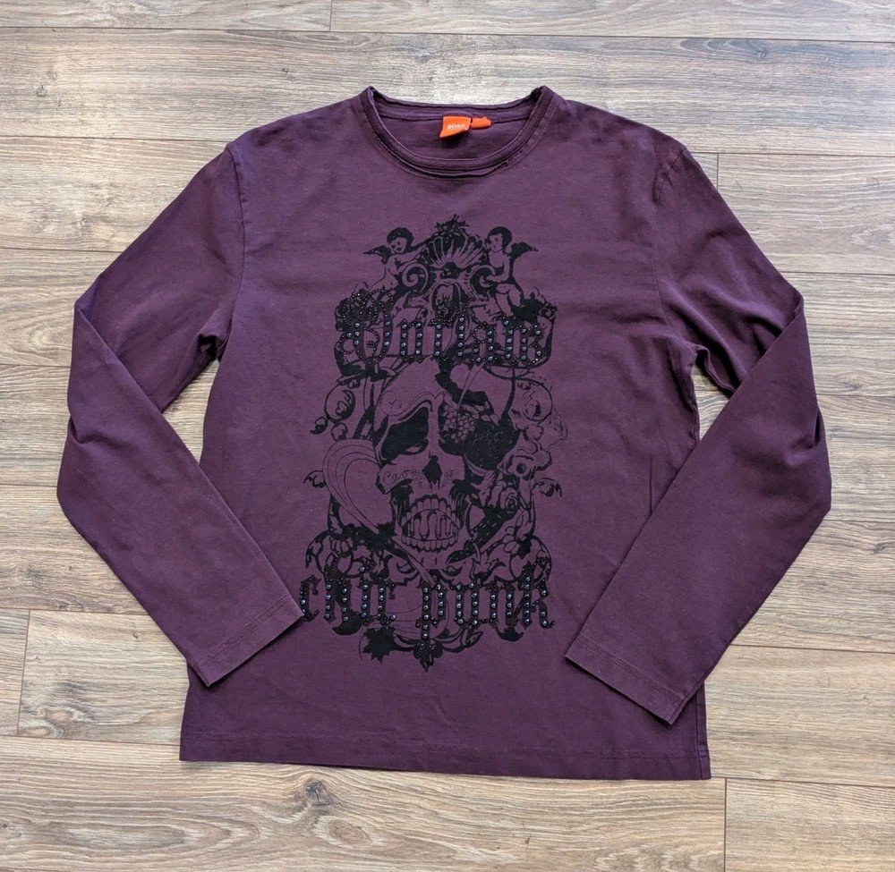 Boss Hugo Boss Outlaw Chic Punk Rhinestone T-Shirt Mens Purple LS Crew Neck M