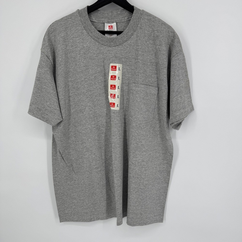 Vintage Hanes Mens Large Gray Pocket T Shirt Short Sleeve Made in USA Deadstock