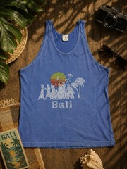 Vintage 1970s Blue Bali Tank Top 777 Aseli Tag Rare Double-Sided Travel Souvenir