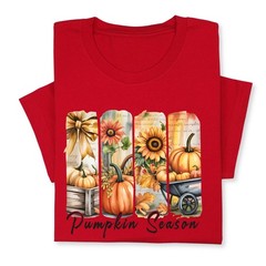 Pumpkin Season Print Shirt, Fall Tee with Sunflowers & Cart