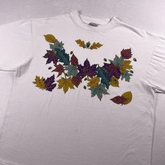 Vtg 90s Oneita Fall Leaves Tee XL Autumn Harvest Nature Acorn Single Stitch USA