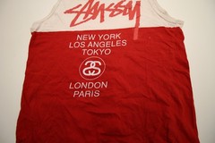 Stussy World Tour Tank Top T-Shirt M 40″ Chest READ Bleached Spots Hole Cracking
