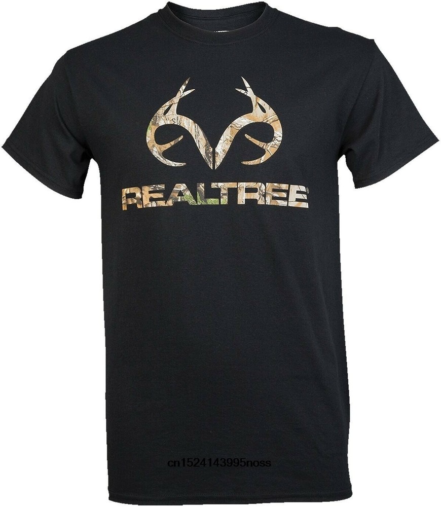 Realtree Men’s Short Sleeve 100% Cotton Tee Shirt Black w/ Camo Logo Choose Size