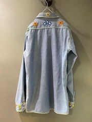 Vintage 70s Handmade Floral Embroidery Hippie Long Sleeve Shirt Blue M