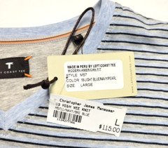$115 New LEFT COAST TEE V-Neck Shirt S/S Cotton Men LARGE L Blue Gray STRIPED