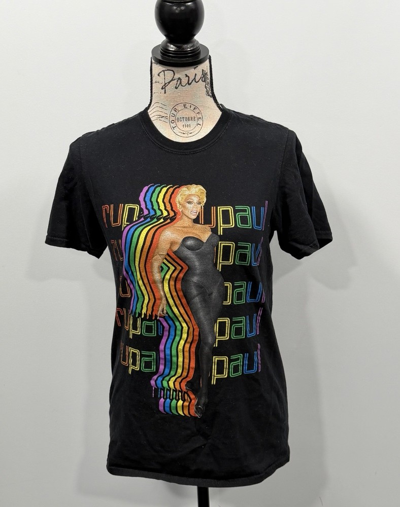 RuPaul Shirt Mens Small S Black Short Sleeve Crew Neck Graphic Tee Rainbow Pride