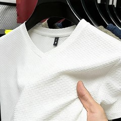 Fashion Men’s Business Casual Ice Silk T-Shirt V Neck Short Sleeve Khaki Daily W