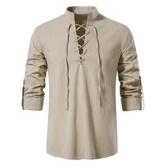Men’s Casual Long Sleeve Henry Shirt Lace-Up Stand-Up Collar Cotton Linen Blouse