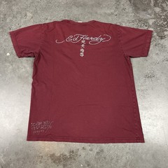 Ed Hardy T Shirt Mens Large Burgandy Y2K Grunge Sexy Lady Distressed Preowned