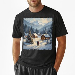 Cozy Winter Village T-Shirt Christmas Log Cabin Snow Scene Mountain Holiday Art