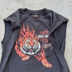 Vtg Harley Davidson Untamed Tiger Flame T Shirt XL Chopped Cut Sleeves Spokane
