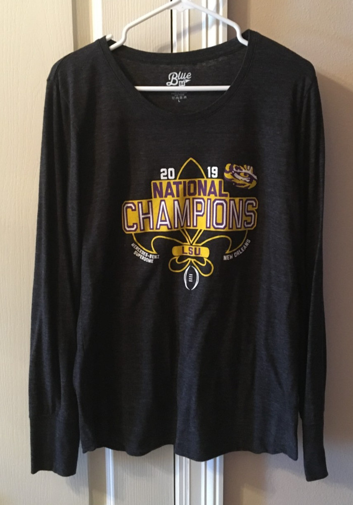 GORGEOUS BLUE 84 LSU TIGERS 2019 NATIONAL CHAMPIONS VERY DARK GRAY SHIRT LARGE