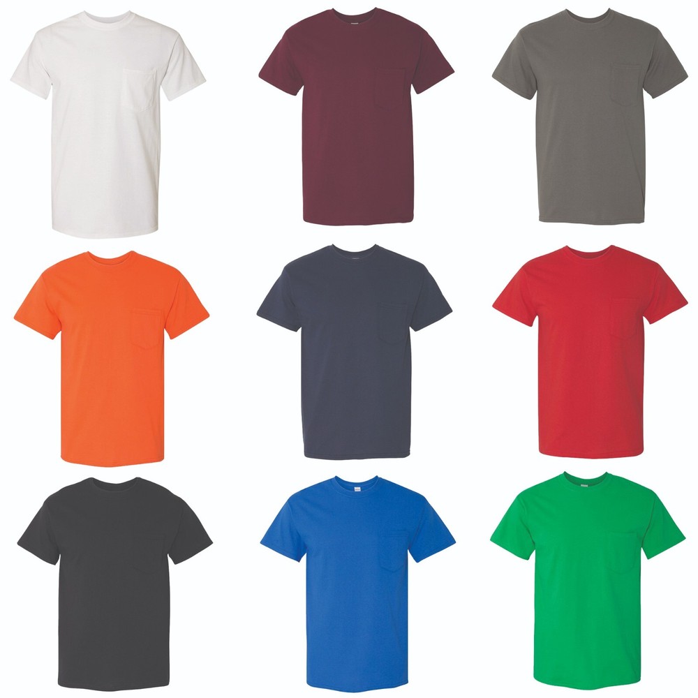 Gildan – Heavy Cotton Pocket T-Shirt Rib Collar Assorted Colors Tee Pack of 9