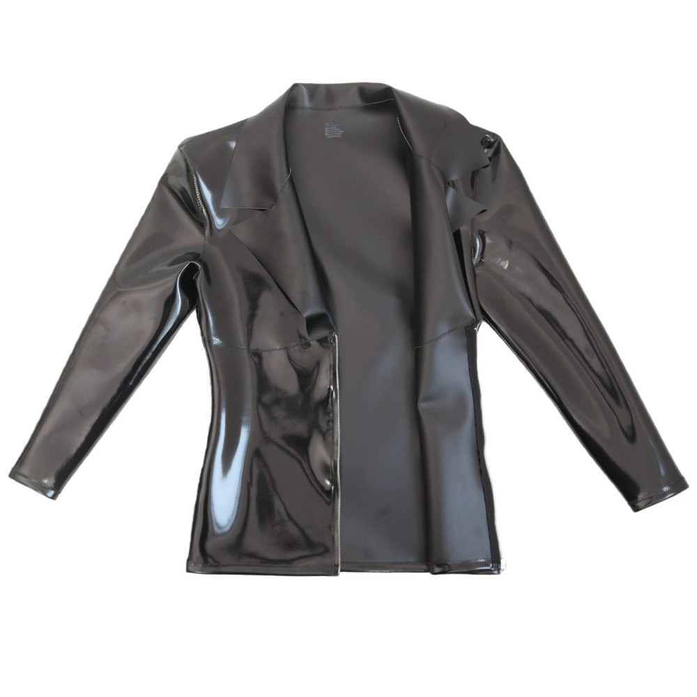 PU Double Side Top PVC Glossy Shiny Men Deep V Neck Long Sleeve T-shirt Elastic
