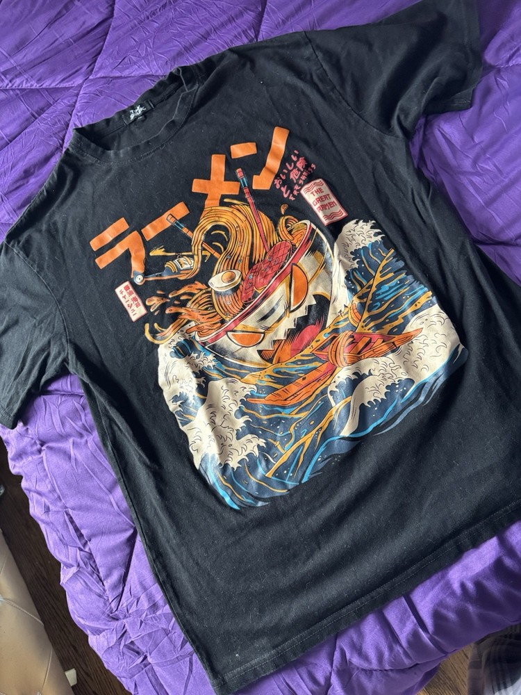 Tiny Spark Black Ramen Bowl Japanese Text Graphic Crew Neck T-Shirt Size XL
